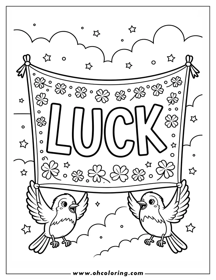 Line art of two birds carrying a St. Patrick's Day banner that reads "LUCK." The banner is adorned with shamrocks, and the background features clouds and stars. This is a coloring sheet design.