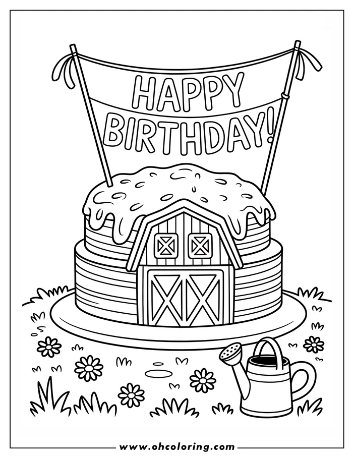 Line drawing of a birthday cake shaped like a barn with frosting and a banner reading 'Happy Birthday'.  A watering can and flowers decorate the foreground.