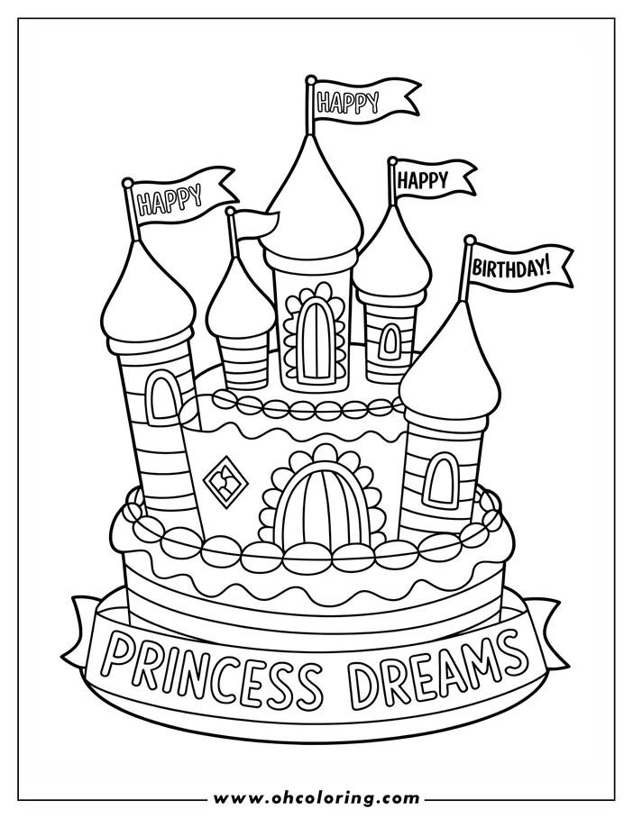 Line art of a birthday cake shaped like a castle with flags and a "Princess Dreams" banner.