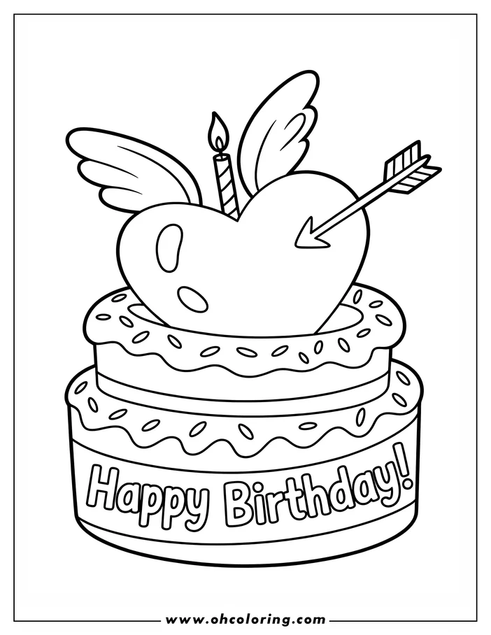 Line art of a two-tiered birthday cake with a heart-shaped decoration, wings, a candle, and an arrow. The words 'Happy Birthday' are written on the cake.