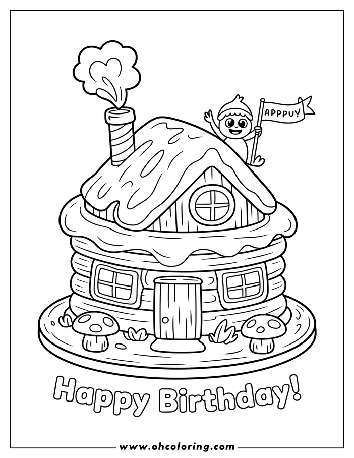 Line art of a birthday cake shaped like a log cabin with a small figure waving a flag from the roof.