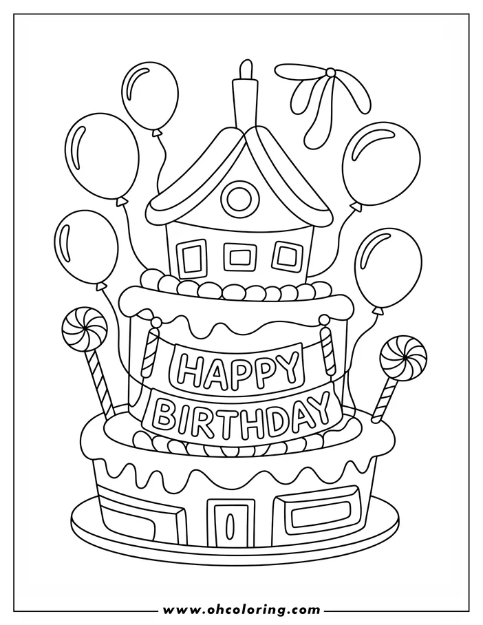 Line art of a birthday cake with a house topper, balloons, and candies. A "Happy Birthday" banner is draped across the cake.