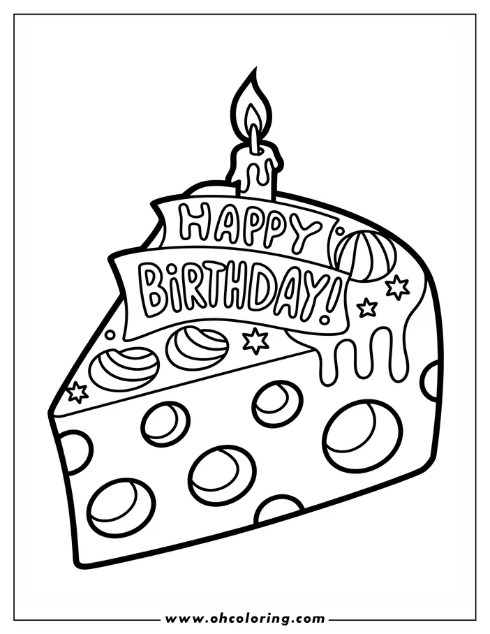 Line art of a slice of birthday cake with a lit candle, "Happy Birthday!" banner, and circle and star decorations.