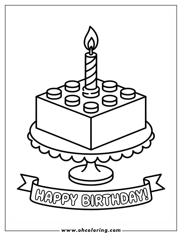 Line art of a birthday cake with a candle on a cake stand. A banner below reads 'Happy Birthday'.