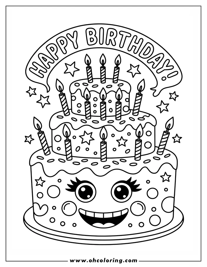 Outline of a two-tiered birthday cake with lit candles, a "Happy Birthday!" banner, and a cheerful face.