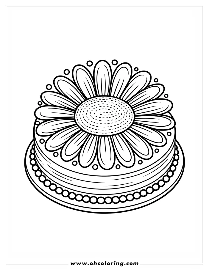 Line art of a birthday cake decorated with a large flower on top, sitting on a plate with a beaded border.