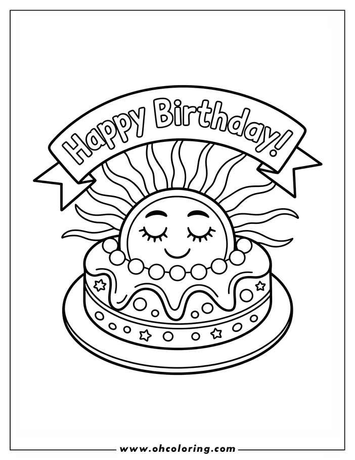 Line art of a birthday cake with a smiling sun and a "Happy Birthday!" banner.