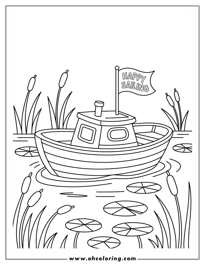 Line art of a boat on a pond with cattails and lily pads. The boat has a 'Happy Sailing' flag.