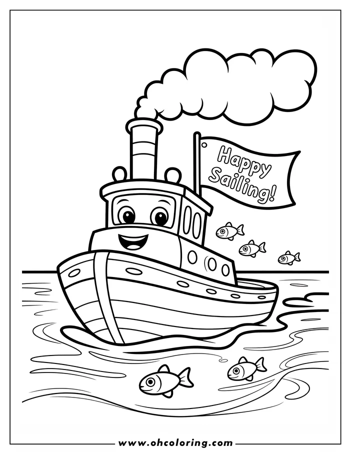 Line art of a cartoon boat sailing on water with a "Happy Sailing!" flag and small fish swimming nearby.