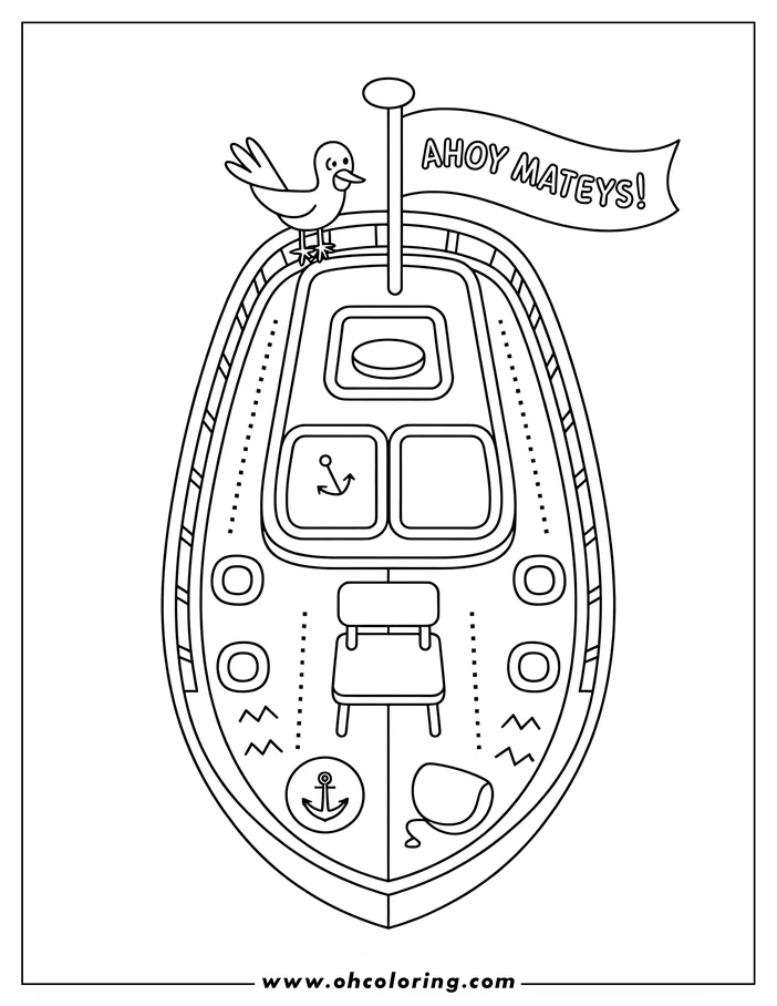 Line art of a boat seen from above with a small bird on the edge and a flag saying "Ahoy Mateys!"