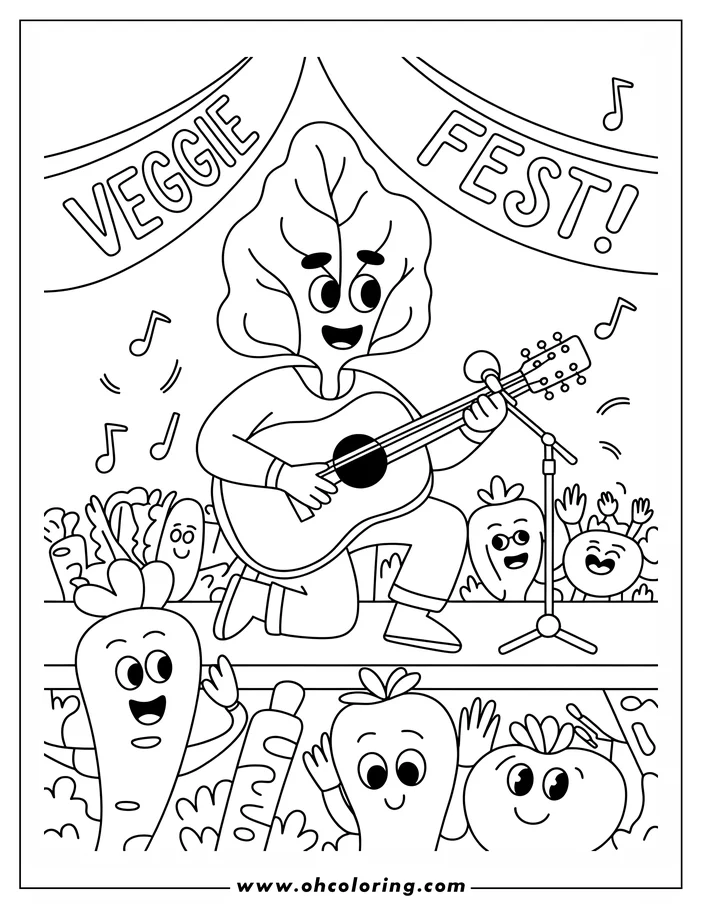 Line art depicting a cartoon bok choy playing guitar on a stage at "Veggie Fest."  Other vegetables, including carrots, strawberries, and tomatoes, cheer in the audience.  This is a detailed coloring sheet design.