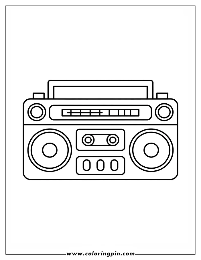 Line art of a boombox with two speakers, a cassette deck, several buttons, and a carrying handle.