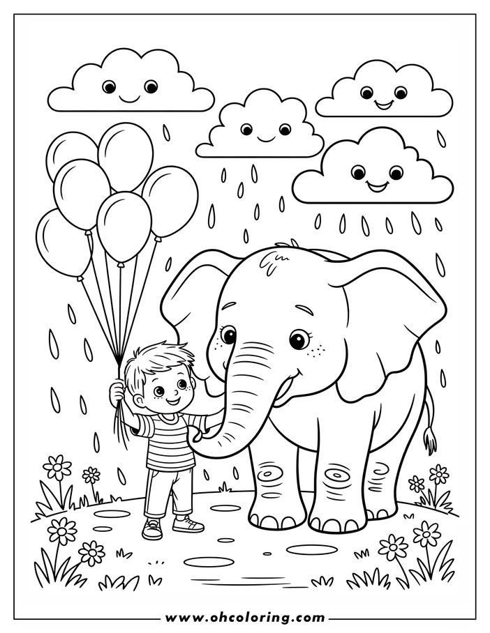 Line art of a boy holding balloons next to a friendly elephant in the rain.  Smiling clouds float above them, and small flowers dot the grass around their feet.