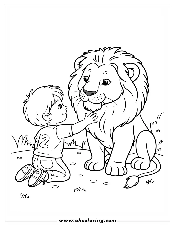 Line drawing of a young boy petting a friendly lion.