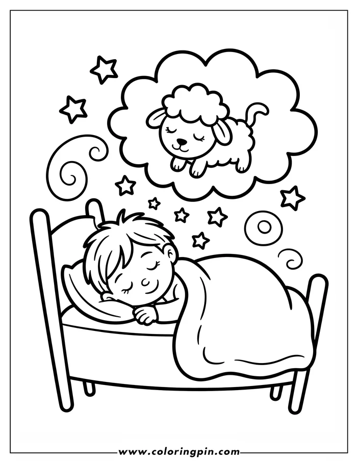 Line drawing of a boy sleeping in bed, dreaming of a fluffy sheep. Stars and swirls decorate the dream bubble above him.