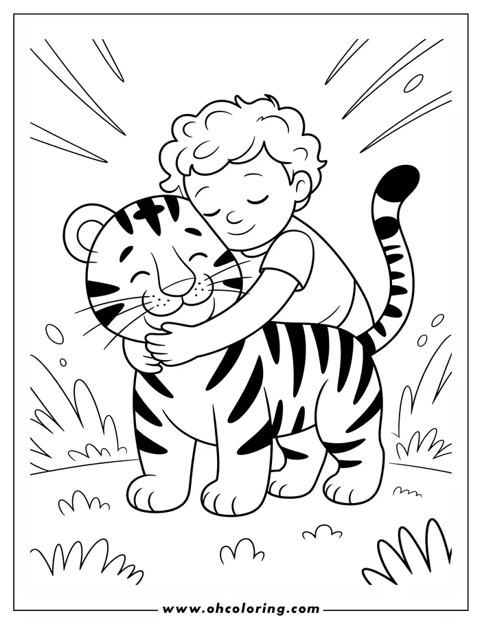 Outline of a boy hugging a tiger cub in a grassy area.