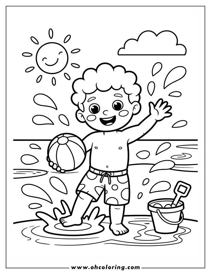 Line art of a boy at the beach playing with a beach ball. He's wearing swim trunks and is splashing in shallow water.  A sand pail and shovel sit nearby. A sun and cloud are in the sky. This drawing is ready for coloring.