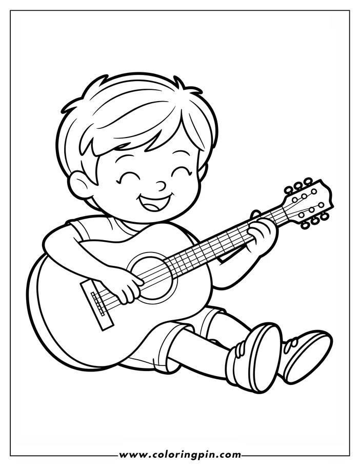 Line art of a boy happily playing an acoustic guitar. He sits with legs outstretched wearing a t-shirt and shorts.