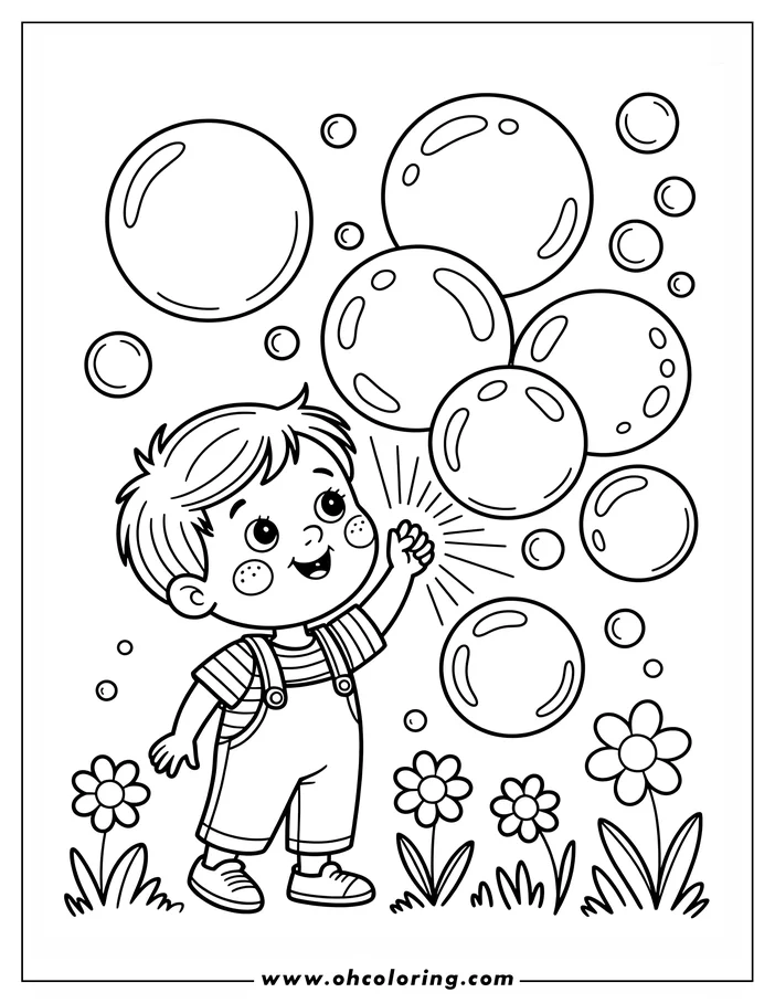 Line art of a boy popping soap bubbles near flowers.