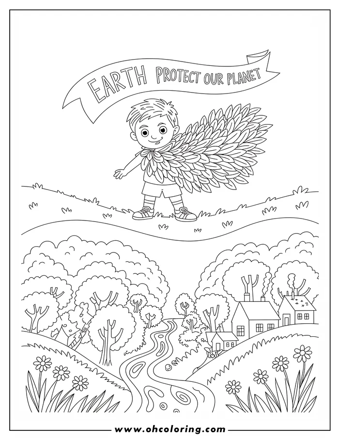 Line art of a boy wearing a cape of leaves, standing on a hill overlooking a small village with houses, trees, and a river. This Earth Day-themed coloring sheet design symbolizes environmental protection.