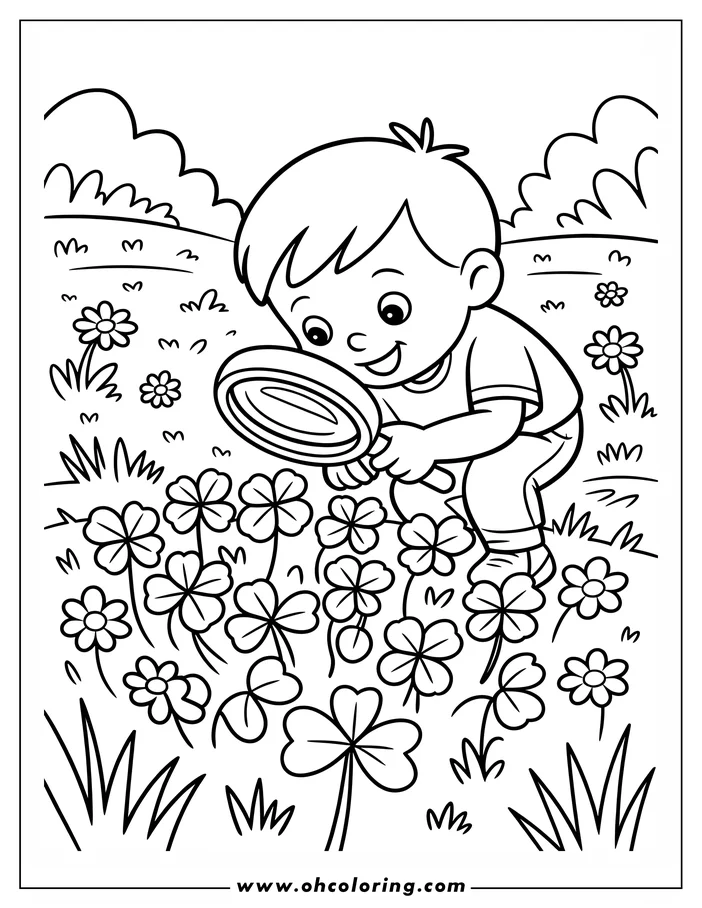 Line art of a boy using a magnifying glass to search for four-leaf clovers in a field of clover and small flowers for coloring. This design is perfect for St. Patrick's day.