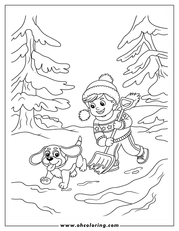 A boy wearing winter clothes uses a shovel to clear snow, with his small dog walking beside him in a snowy forest scene.