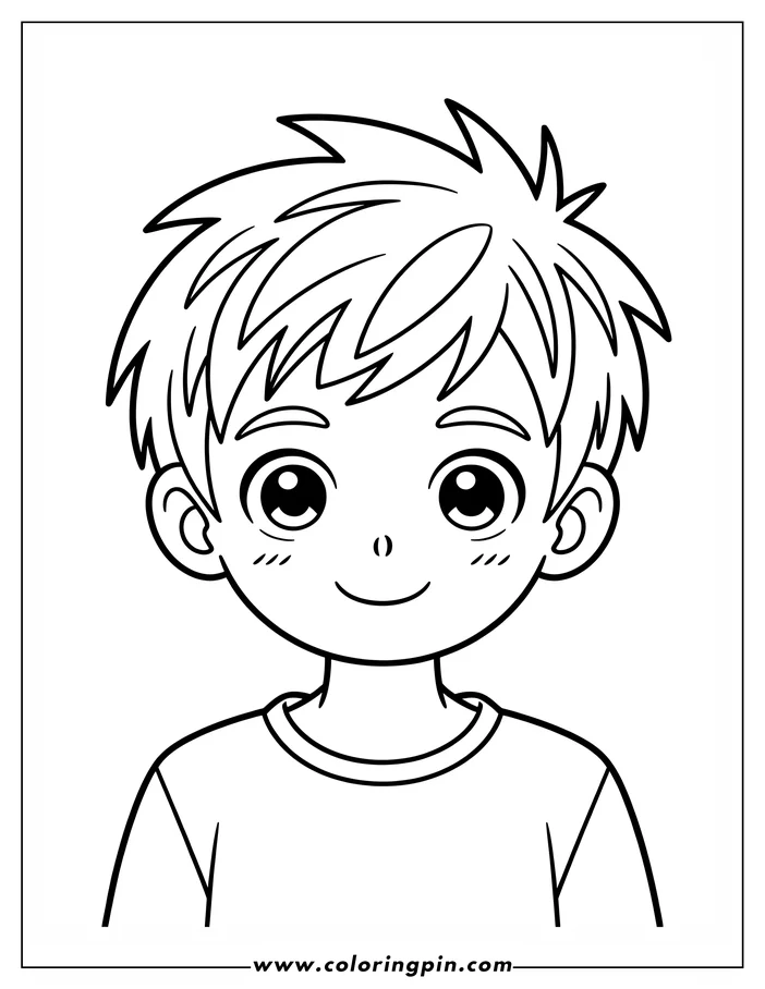 Line art of a smiling boy with spiky hair and large eyes, wearing a simple shirt.