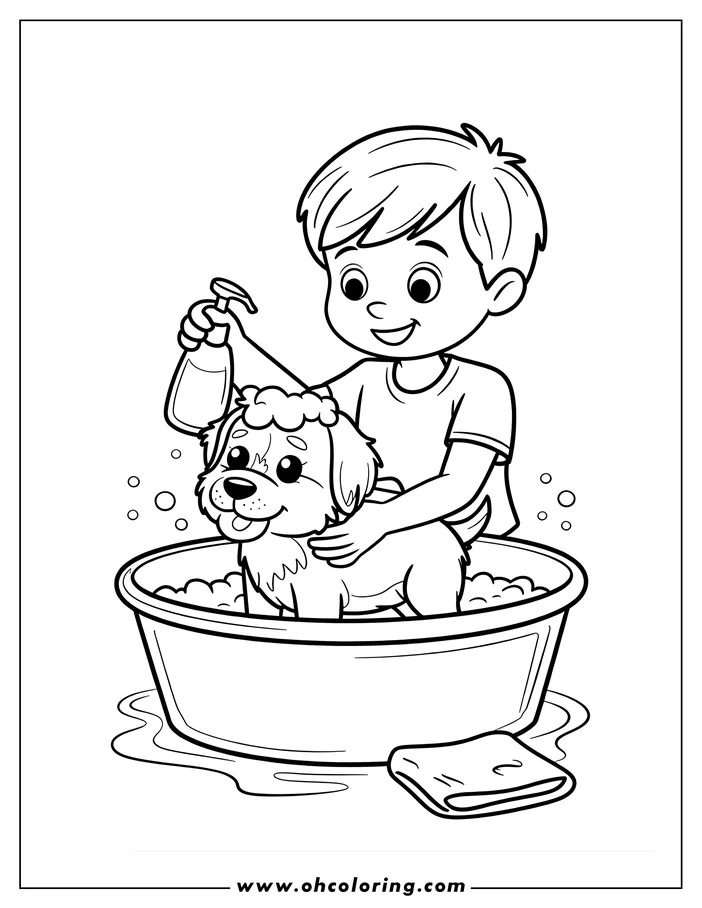 A boy washes his dog in a tub, outline illustration