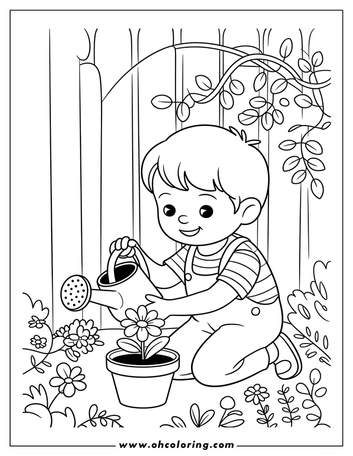 Line art of a boy watering a potted flower in a garden setting, designed as a coloring sheet.  He kneels, holding a watering can, tending to a daisy-like flower. Small flowers and plants surround the pot, with a fence in the background.