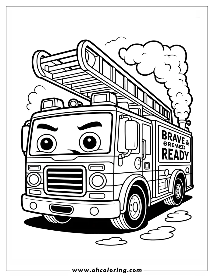 Line art of a brave firetruck, featuring an extendable ladder, large eyes, and smoke billowing from its exhaust. The words "Brave & Readied Ready" are visible on its side. This friendly cartoon fire truck is ready for a coloring adventure.