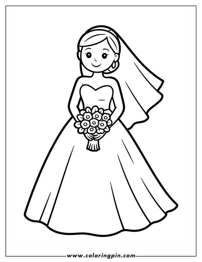 Outline of a cartoon bride holding a bouquet, wearing a wedding dress and veil.