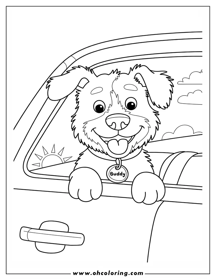 A dog named Buddy leans out the car window. He's wearing a collar and tag, enjoying a ride with the sunrise in the background.