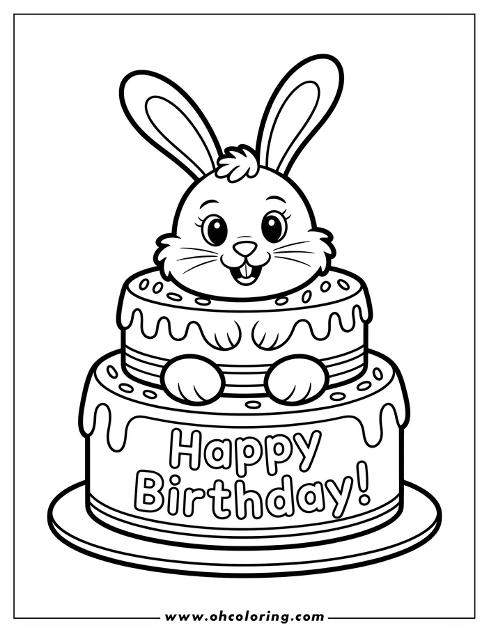 Outline of a bunny sitting on a two-tiered birthday cake with "Happy Birthday!" written on it.