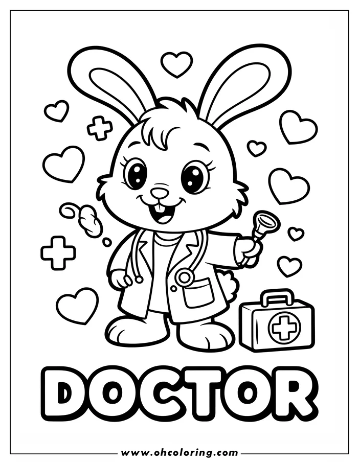 Line art of a bunny doctor holding a stethoscope with a medical bag nearby.