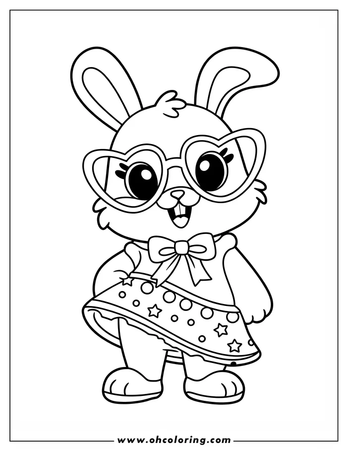Line art of a bunny wearing heart-shaped glasses and a dress with a bow.