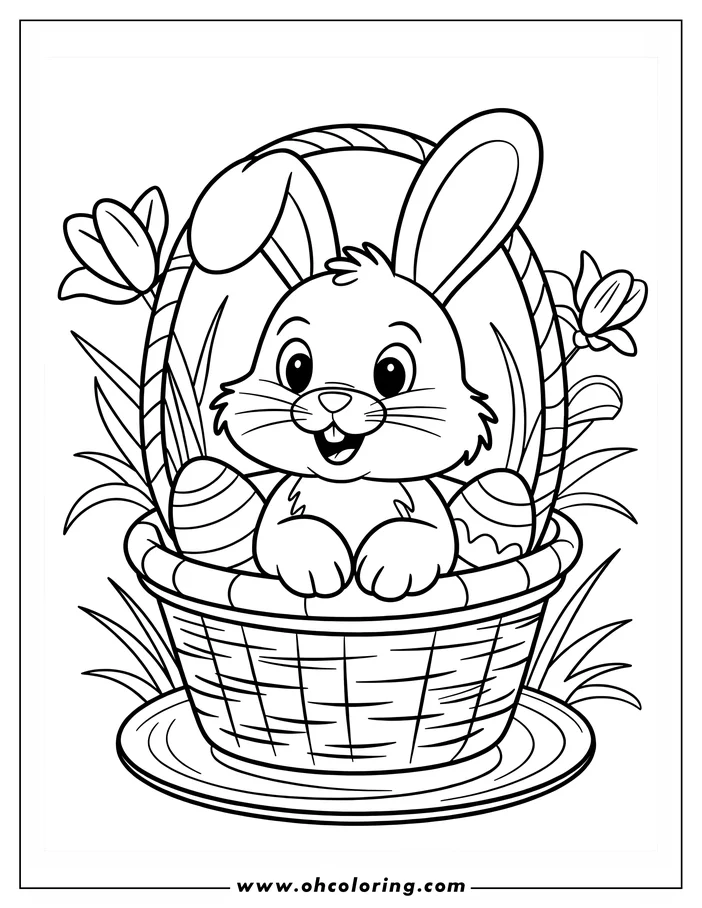 Outline of a cartoon bunny sitting in a basket with Easter eggs. Tulips are visible in the background.