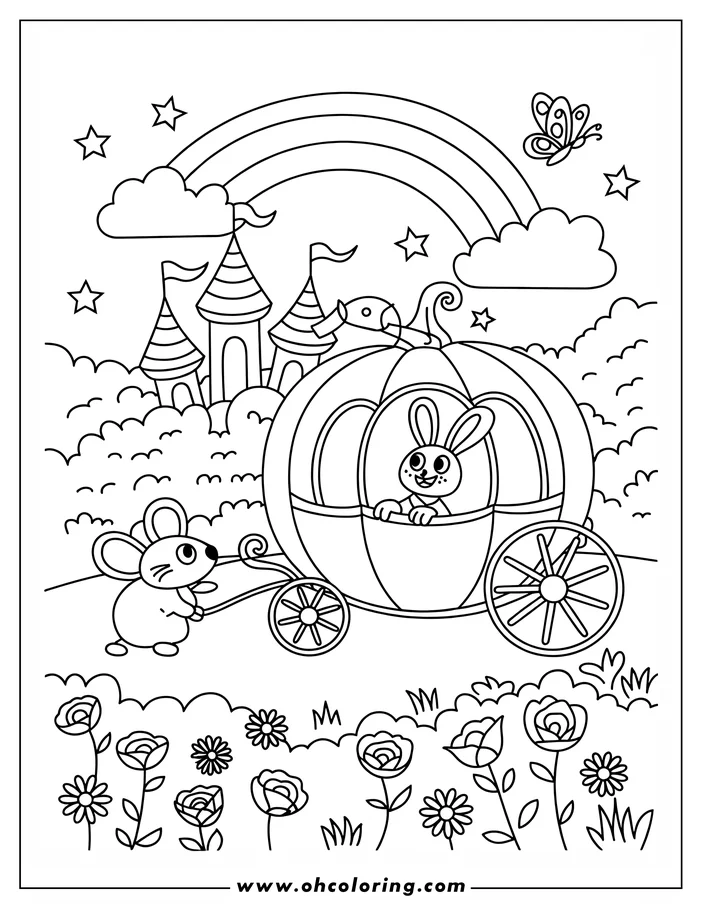 Line art of a bunny riding in a pumpkin carriage pulled by a mouse, with a castle and rainbow in the background.