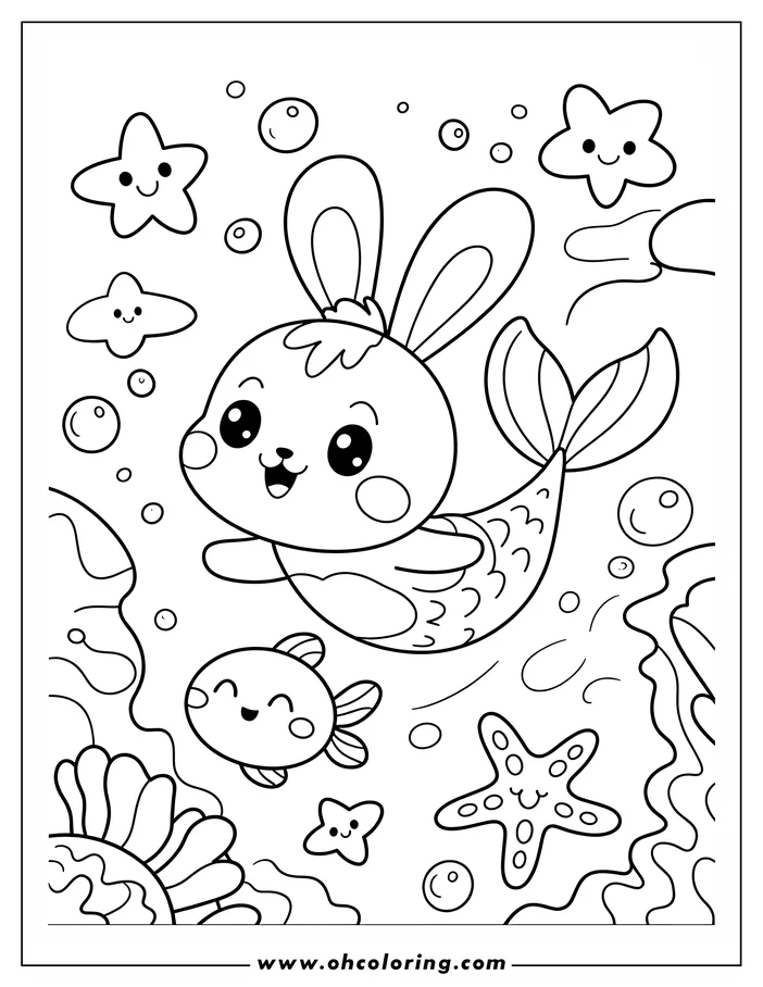 Outline drawing of a bunny mermaid swimming underwater with a fish, starfish, and corals. Bubbles float around the mermaid, and it has large, expressive eyes and long ears.