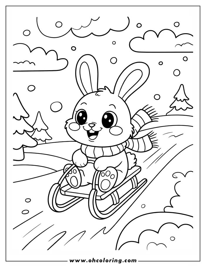 Outline of a cartoon bunny wearing a striped scarf and sledding down a snowy hill. Pine trees and clouds are visible in the background.