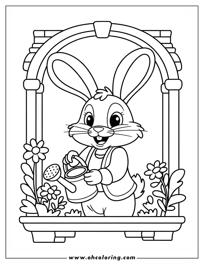 Outline of a cheerful cartoon bunny with a watering can, tending to flowers on a windowsill.