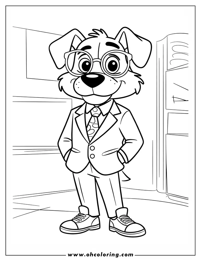 A dog wearing a business suit, round glasses, and a patterned tie. He stands with hands in pockets, appearing as if in an office setting.