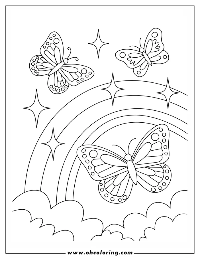 Outline of three butterflies near a rainbow and fluffy clouds