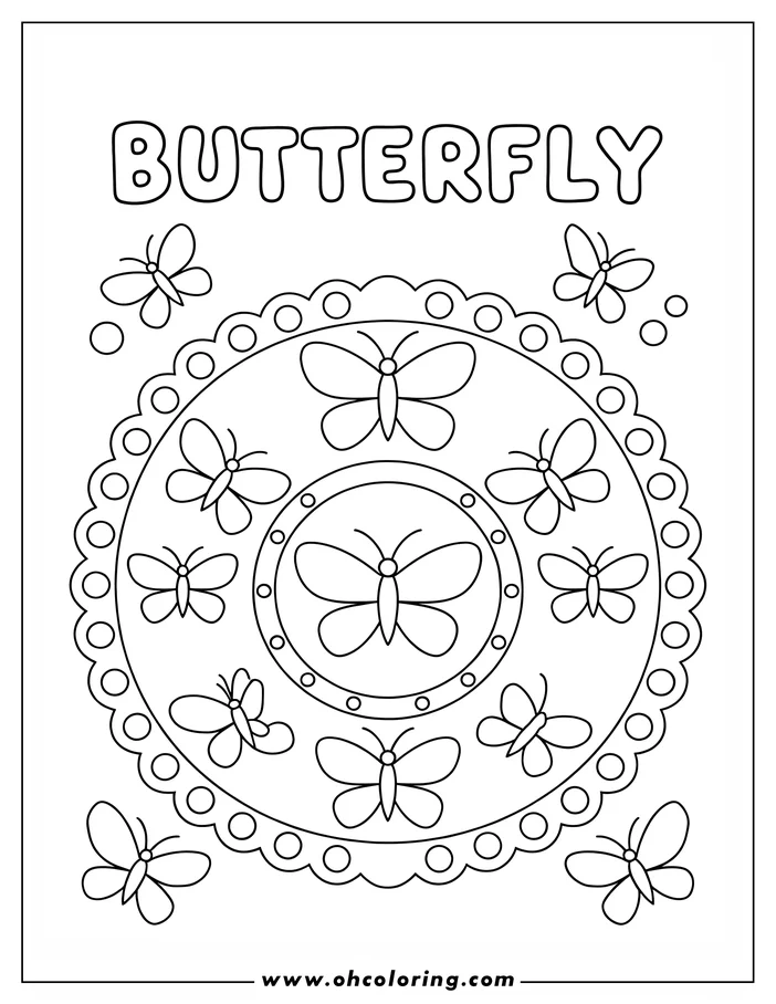 Outline of several butterflies arranged on and around a decorative plate with a scalloped border.