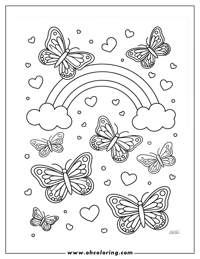 Outline of several butterflies with patterned wings flying around a rainbow, with hearts and small clouds completing the scene.