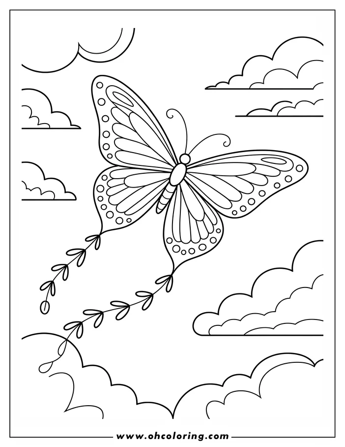 Line art of a butterfly with patterned wings flying amongst stylized clouds. Two leafy vines trail from its body. This is a drawing designed for a coloring sheet.