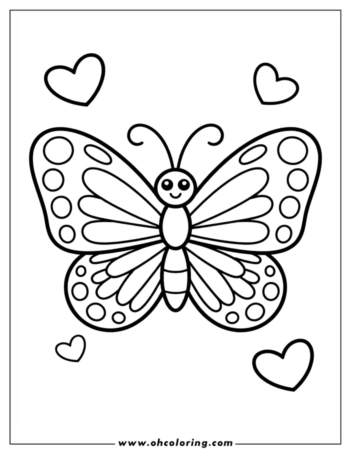 Outline of a butterfly with hearts surrounding it.