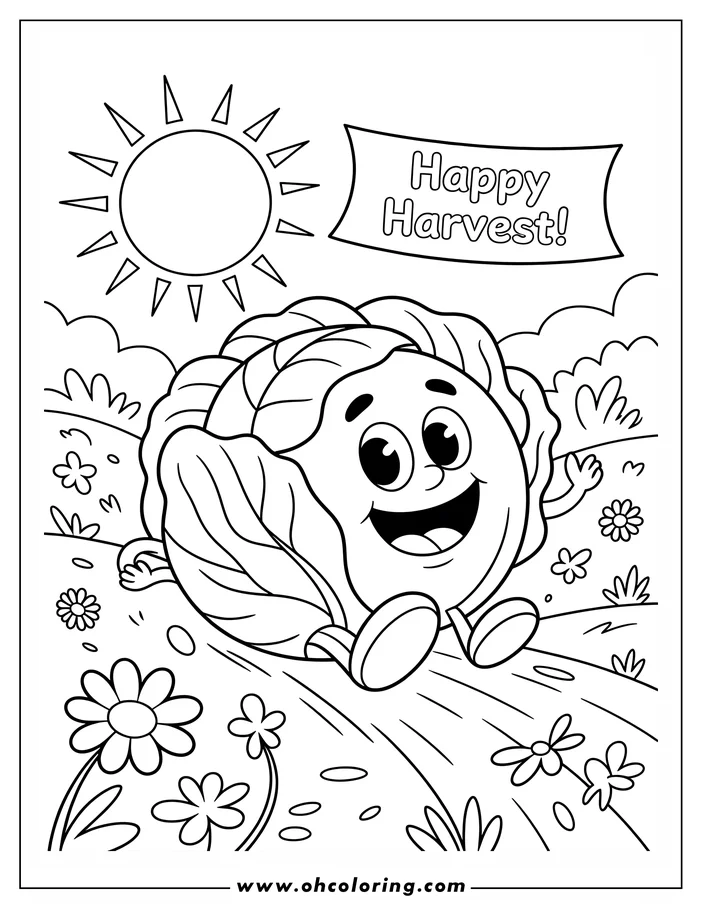 Line art of a cartoon cabbage in a garden. The cabbage has a happy expression and sits among flowers and grass under a shining sun, a design for a coloring sheet.