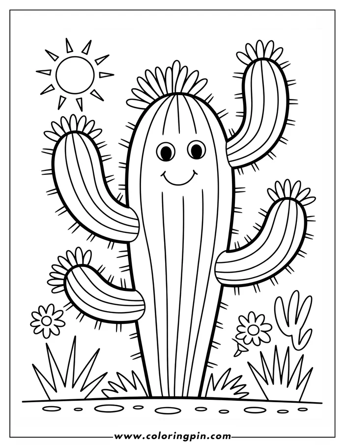 Outline of a friendly cactus in a desert setting with flowers, grass, and a shining sun.