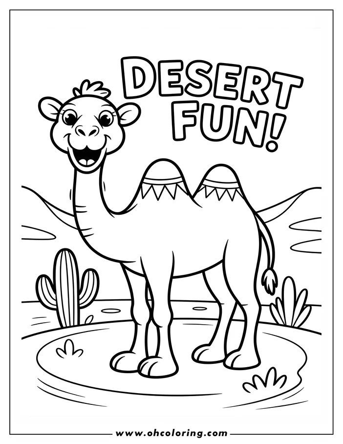 Line art of a cartoon camel in the desert with a cactus and small plants