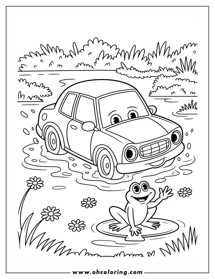 Outline of a car driving through a puddle by a pond, with a friendly frog waving from a lily pad.
